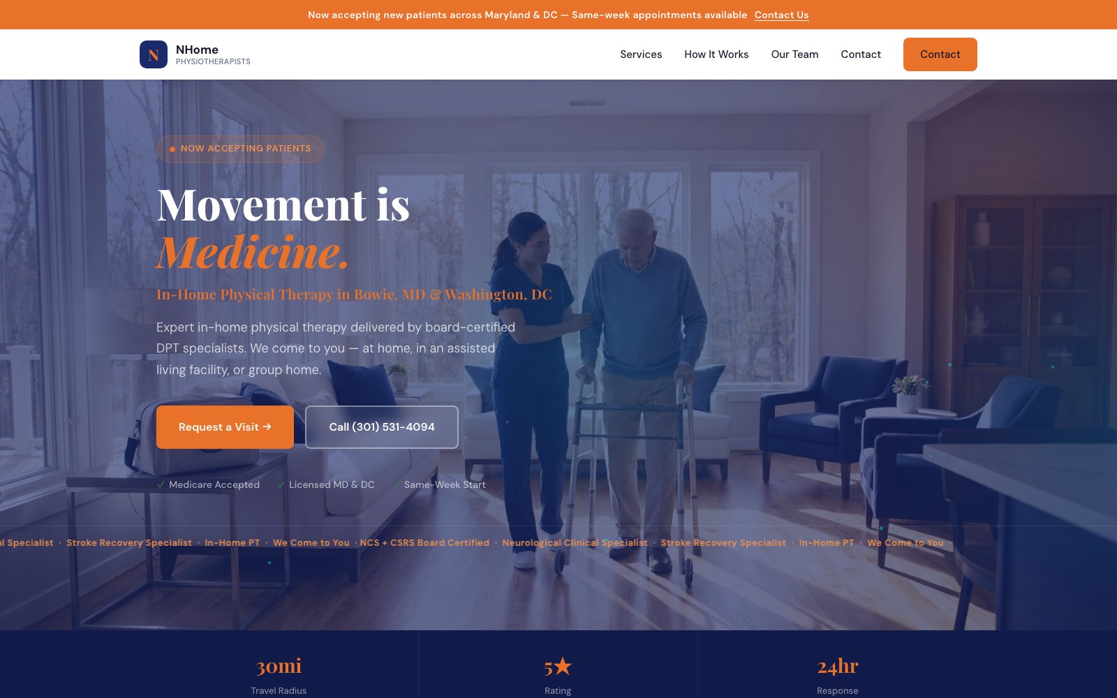 NHome Physiotherapists in-home physical therapy website built by BluePulse AI